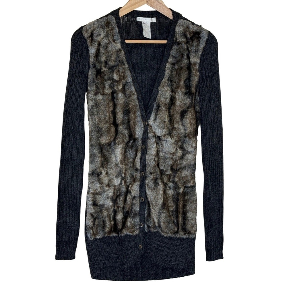 Design History XS Slim Fit Knit Cardigan Faux Fur Front Button Front Longline